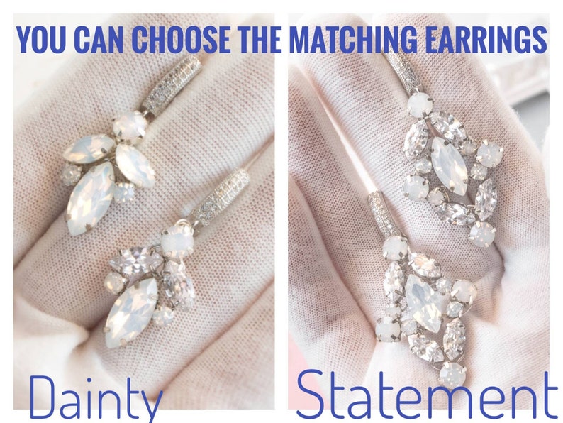 May include: Two pairs of silver earrings with white opal stones. The earrings on the left are smaller and more delicate, labeled "Dainty". The earrings on the right are larger and more elaborate, labeled "Statement".