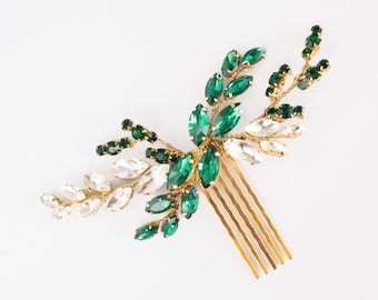 Emerald wedding hair comb, Bridal piece, Green crystal headpiece