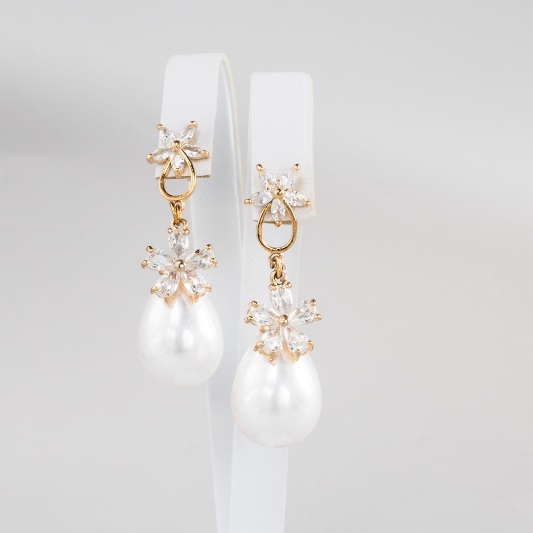 Gold Pearl Drop Bridal Earrings Wedding CZ Flower Jewelry for Etsy
