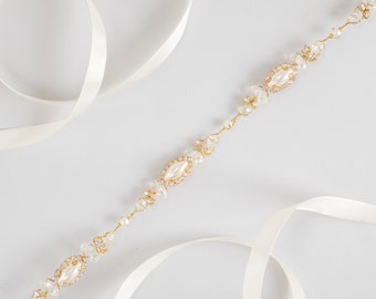 Pearl bridal belt for wedding, Rhinestone sash, Crystal jeweled gown accessory