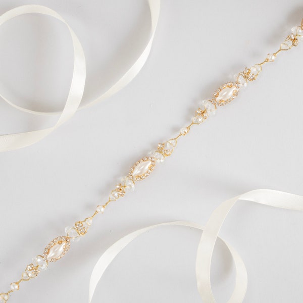 Pearl bridal belt for wedding, Rhinestone sash, Crystal jeweled gown accessory