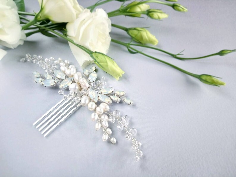 Pearl Bridal Head Piece With Sky Blue Opal Headpiece Wedding Etsy