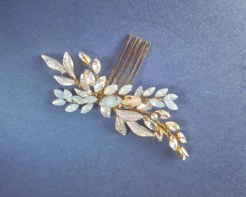Leaf headpiece Opal bridal head piece Something blue for bride Headpiece opal Hair comb in gold 2019 wedding trends