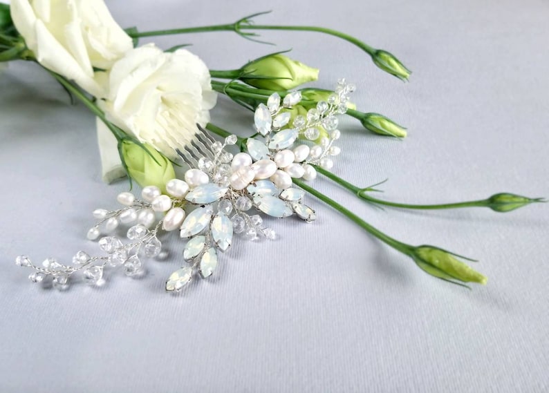 Pearl Bridal Head Piece With Sky Blue Opal Headpiece Wedding Etsy
