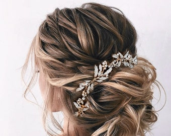 Pezzo per capelli da sposa per matrimonio, pettine in foglia d'oro, tralcio posteriore con perline per la sposa, chignon disordinato o capelli raccolti a metà