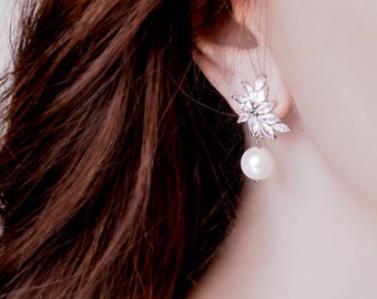 Pearl tear drop bridal earrings for wedding, Crystal CZ leaf, Bridesmaid jewelry