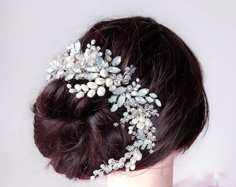 Opal Bridal Hair Vine: Pearl Wedding Hair Band, Boho Jewelry