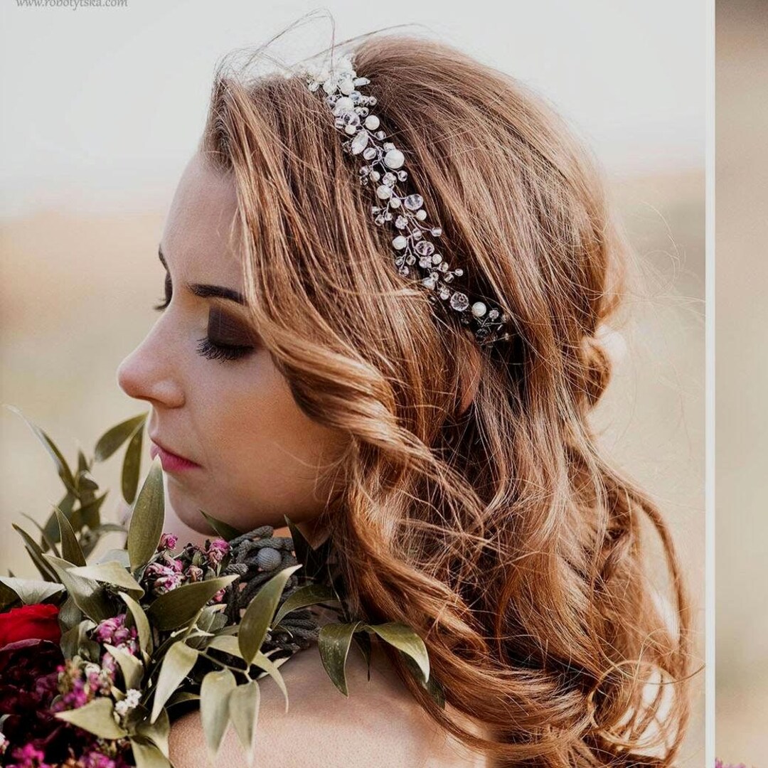 Bridal Hair Vine With Crystals and Pearl Bridal Headband  display picture 1