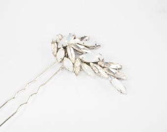 Bridal hair pin with opal,  Crystal wedding hair piece, Small rhinestone headpiece