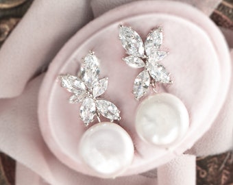 Boucles d'oreilles de mariée pendantes pendantes, feuille de cristal pour mariage avec zircons cubiques