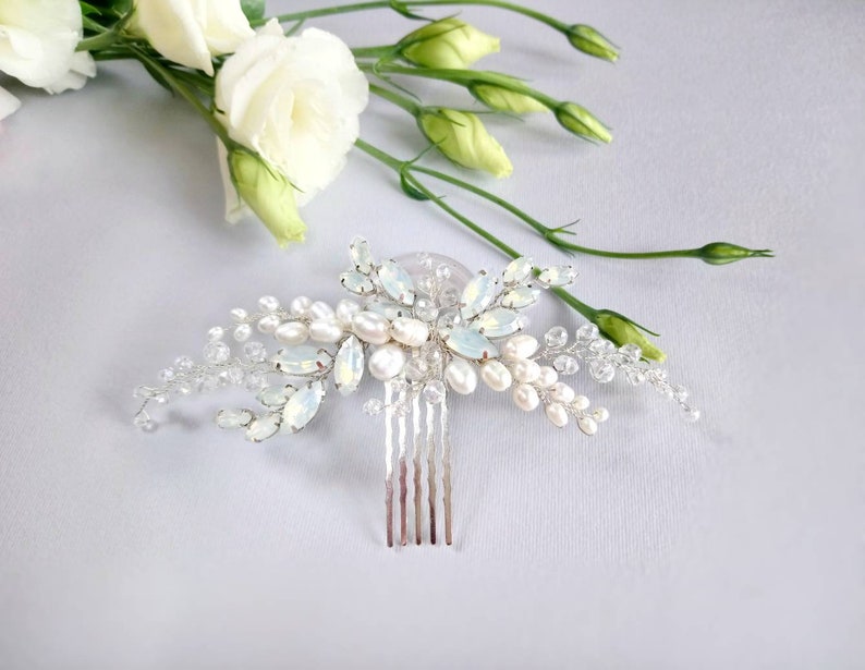 Pearl Bridal Head Piece With Sky Blue Opal Headpiece Wedding Etsy