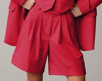 Red Bermuda Shorts, Blazer And Shorts, Women Shorts, Oversized Blazer, 3 Piece Suit, Formal Shorts, Summer Party, Wedding Guest, Loose Fit