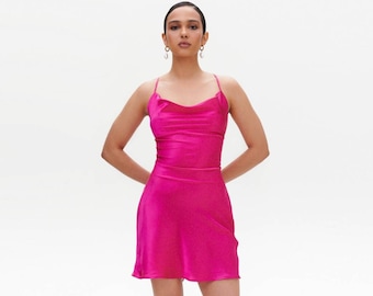 Fuchsia Short Silk Slip Dress Mini Slip Dress Pink 100% Silk Dress Slip Silk Bias Cut Open Back Date Dress Fuchsia Satin Slip Dress