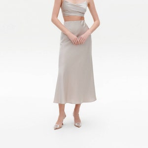 Beige 100% silk slip skirt satin skirt midi beige midi a-line skirt bias cut slip silk satin skirt trends fall outfits image 1