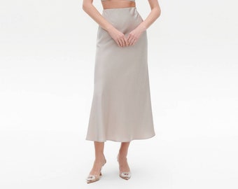 Beige 100% silk slip skirt satin skirt midi beige midi a-line skirt bias cut slip silk satin skirt trends fall outfits