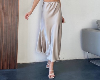 Beige Satin Skirt, Silk Midi Skirt, Bridesmaids Set, Satin Top, Wedding Guest Set, Bias Cut, Rehearsal Dinner, Party Set, Summer Honeymoon