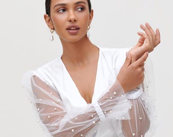 Perlenärmel Brautmantel - Seidensatin Boudoir Robe