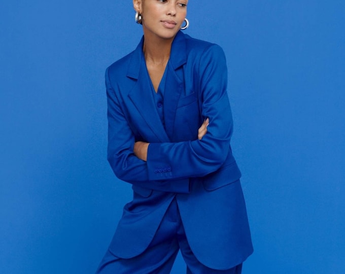Electric Blue Women's Suit: Palazzo Pantsuit, Oversized Blazer