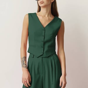 Emerald women&#39;s vest, Three Piece Suit, Green Pantsuit, Dark Green Palazzo, Office Set, Formal Wear, Prom Suit, Wedding Guest Set, Oversize