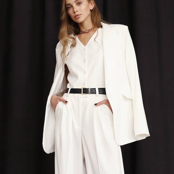 Bridal Blazer, White Woman Blazer, Wedding Suit, Formal Pantsuit, Oversized Blazer, Rehearsal Dinner, 3-Piece Suit, White Jacket, Prom Suit