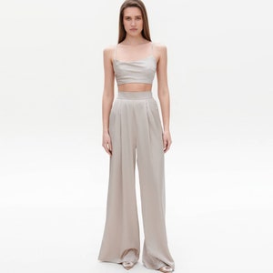 Beige Satin Pants, Wide Leg Pants, Silk Pants, Satin Trousers, Women Pants, Womens palazzo Suit, Satin palazzo pants, Beige Satin Set