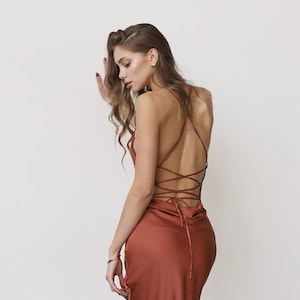 TERRACOTTA Bridesmaid Dress/ Short Silk Slip Rust Dress/ Bias Cut Copper Prom Dress/ Wedding Guest Dress/ Backless dress/ Homecoming Dress