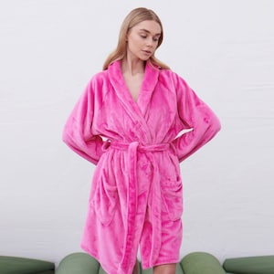 Pink Plush Robe, Warm Bathrobe, Long Bathrobe, Soft Robe, Christmas Gift, Holiday Robe, Gift For Her, Winter Robe, Spa Woman Robe