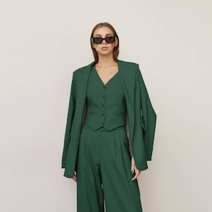 Dark Green Suit, Woman Emerald Suit, Wide Leg Pants, Wedding, Palazzo Pants, Formal Pantsuit, Bridesmaid Set, Cocktail Wear, Prom, Birthday