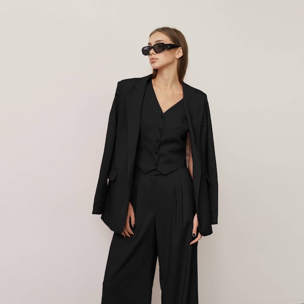 Schwarzer Palazzo Hosenanzug, Blazer Set, 3-teiliger Hosenanzug