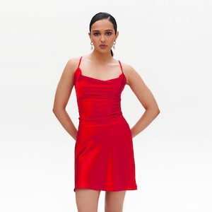 Red Mini Dress, Satin Mini Dress, Wedding Silk Dress, Silk Bridesmaid Dress, Cowl Neck, Party Dress, For Special Occasions, Backless Dress