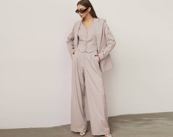 Beige Blazer Pantsuit: Women's Palazzo Trousers Set