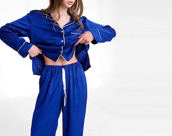 Blue Pajama Set, Pajamas For Bridesmaids, Women’s Pajamas Set, Birthday Gift, Bridal Party, Wedding Gift, Sleepover, Valentine Day Gift