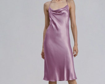 Pink Lilac Silk Slip Dress Cowl Neck Bridesmaid Dress Silk Midi Dress Blush Pink Silk Slip Dress Wedding Guest Dress