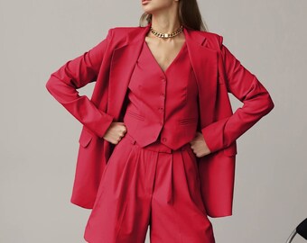 Red Bermuda Shorts, Blazer And Shorts, Women Shorts, Oversized Blazer, 3 Piece Suit, Formal Shorts, Summer Party, Wedding Guest, Loose Fit