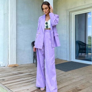 Tailleur lin en lin, tailleur-pantalon en lin pour femme, ensemble blazer en lin lavande et pantalon palazzo, tenue d&#39;invité de mariage personnalisée, costume d&#39;été en lin