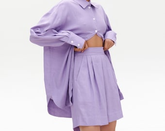 Lilac Linen Two-Piece Set, Women's Shirt and Shorts, Custom Made