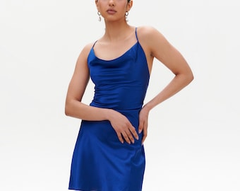 Short silk slip dress royal blue Mini slip dress blue 100% silk satin slip dress Silk bias back dress Blue slip dress Bridesmaids dresses
