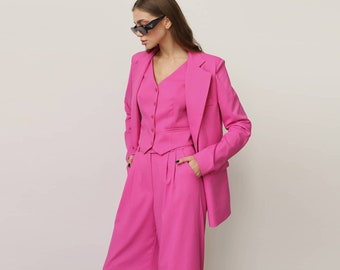 Hot Pink Suit, Pantsuit For Women, Trouser Suit Set, Business Suit, Prom Suit, Wedding, Rehearsal Dinner, Formal Wear, Palazzo Pants