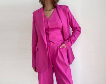 Women Pink Pantsuit, Hot Pink Suit, Palazzo Suit, Fuchsia Cocktail Suit, Wedding Guest Suit, Bridesmaids Set, Prom, Party, Birthday