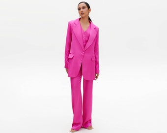 Pink Satin Suit Set for Women Loose Fit Suit 4 Piece Set Satin Pant Suit Oversized blazer Party Suit Elegant Satin Suit Palazzo pants