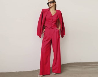 Red Pantsuit Women, Wedding Guest Suit, Rehearsal Dinner Suit, Woman Palazzo Suit, Party Suit, Bridesmaid Set, Oversized Blazer