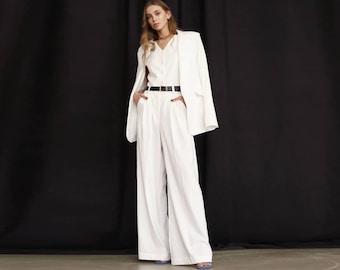 White Wedding Suit, Bride Pantsuit, Suit With Blazer, Rehearsal Dinner, Prom Suit, Palazzo Pants, Oversized Formal Suit, White Woman Suit