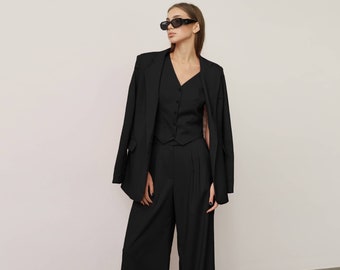 Black Woman Suit, Formal Pantsuit, Palazzo Suit, Prom Suit, Woman Tuxedo, 3pc Suit, Wedding Guest Suit, Blazer Set, Classic Wear