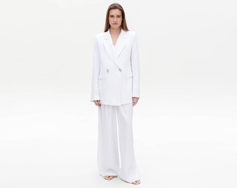 White Linen Women Suit, Pants Suit, Palazzo Suit, Blazer For Women, Custom Linen Pants Suit Women, Casual Linen Blazer And Linen Pants