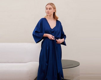 Blue Long Robe, Wedding Dressing Gown, Navy Robe, Long Silk Robe, Bridal Silk Robe, Gift For Her, Floor Length Robe, Nightwear, Sleepover