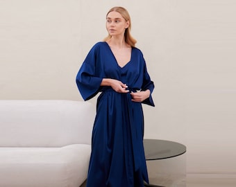 Navy Satin Long Robe: Bridal Dressing Gown, Sleepwear
