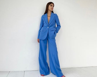 Blue 3-piece plaid suits, dark blue suits with blazer, waistcoat and pants, formal women's office suits, women's wedding suit, Palazzo pants