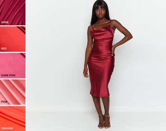 Silk Slip Dress with Cowl Neck, Red Silk Slip Dress, Midi Silk Satin Dress, Camisole Dress for Special Occasions, Silk Cami Dress for Summer