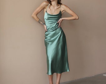 Green Silk Satin Midi Dress, Cowl Neck, Open Back (Custom Made)