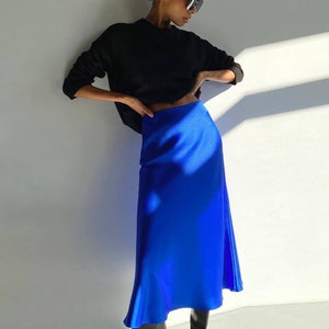 Blue silk midi skirt on sale